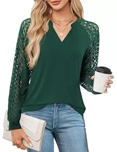 Beluring Langarmblusen Beluring Langarmshirt Damen V Ausschnitt Tunika Raglan Spitzenärmel T-Shirt Einfarbig Oberteil Tops