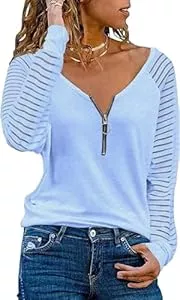 Teesho Langarmblusen Teesho Tshirt Damen V Ausschnitt Casual Oberteile Elegant Streifen Mesh Bluse Baumwolle Shirt Tops Tunika