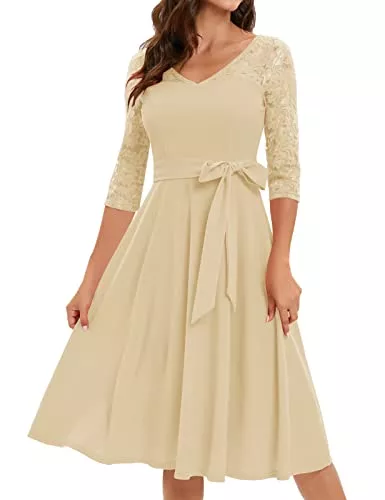 Bbonlinedress Cocktail Bbonlinedress Rockabilly Kleider Damen 3/4 arm V-Ausschnitt Midi Langarm Festliche Kleider für Hochzeit Vintage Cocktailkleid