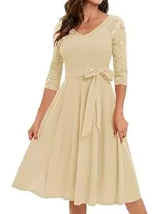 Bbonlinedress Cocktail Bbonlinedress Rockabilly Kleider Damen 3/4 arm V-Ausschnitt Midi Langarm Festliche Kleider für Hochzeit Vintage Cocktailkleid