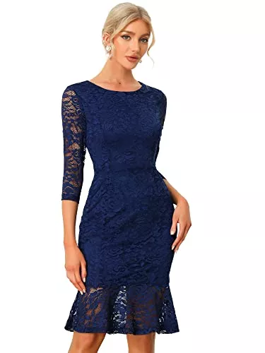 Allegra K Cocktail Allegra K Damen Kleid 3/4-Ärmel Fischschwanz Elegant Cocktail Spitzenkleid Minikleid