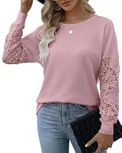 Hount Langarmblusen Hount Damen Spitze Bluse U-Boot Ausschnitt Pullover Langarmshirt Elegant Oberteile Tunika