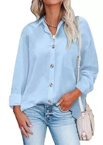 Hotouch Hemdblusen Hotouch Damen Bluse Baumwolle Hemd Freizeit Langarm Hemdbluse V-Ausschnitt Elegant zum Knöpfen Langarmshirt Casual Arbeit Shirt S-XXL