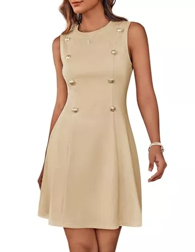 GRACE KARIN Freizeit GRACE KARIN Damen Rundhals Ärmelloses Kniekleid Sommer Elastizität Kleid mit dekorativen Metallknöpfen