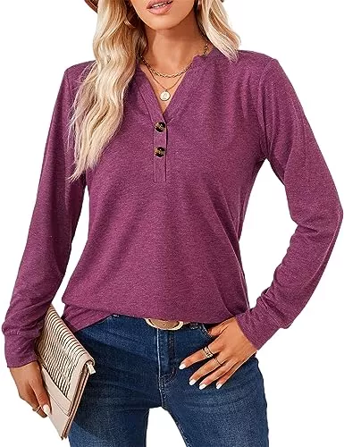 Heersan Langarmblusen Langarmshirt für Damen Elegant T-Shirt Casual V-Ausschnitt Einfarbig Pullover Langarm Oberteil Damen Henleyshirt Tuniken Basic Tops mit Dekorative Button (S-XXL)