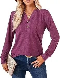 Heersan Langarmblusen Langarmshirt für Damen Elegant T-Shirt Casual V-Ausschnitt Einfarbig Pullover Langarm Oberteil Damen Henleyshirt Tuniken Basic Tops mit Dekorative Button (S-XXL)