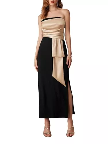 GRACE KARIN Abendkleider GRACE KARIN Damen Lang Abendkleider mit Schlitz Cocktailkleid Elegant Ballkleider Satin trägerloses Kleid Sexy Party Cocktailkleid Bodycon Maxikleid