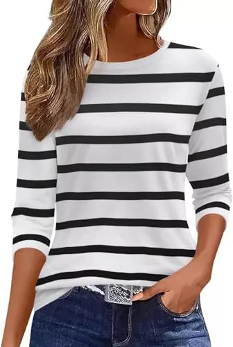 Arevill Langarmshirts Arevill Damen T-Shirts 3/4 Ärmel Rundhals Basic Casual Oberteile Gestreifte/einfarbig/Drucken Shirts