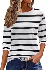 Arevill Langarmshirts Arevill Damen T-Shirts 3/4 Ärmel Rundhals Basic Casual Oberteile Gestreifte/einfarbig/Drucken Shirts