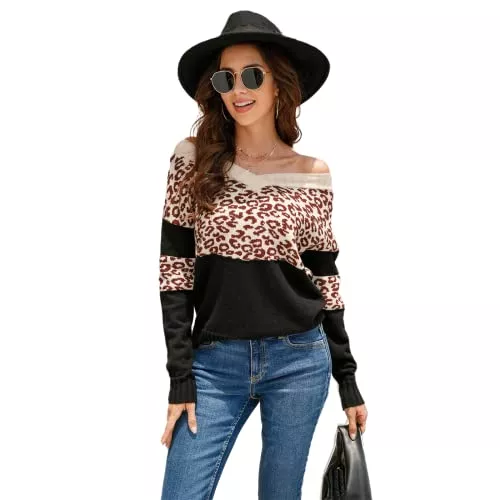 HEYPORK Pullover & Strickmode HEYPORK Damen Herbst Winter Warm Bequem Pullover Casual Mode Strickjacke Strickpullover Frauen V-Ausschnitt Leopardenmuster Pullover Bottoming Pullover Pullover Stricken