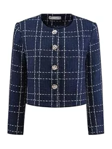 Hobemty Blazer Hobemty Damen Tweed Blazer Lässig Kragenlos Kariert Knopfleiste Vorne Jacke