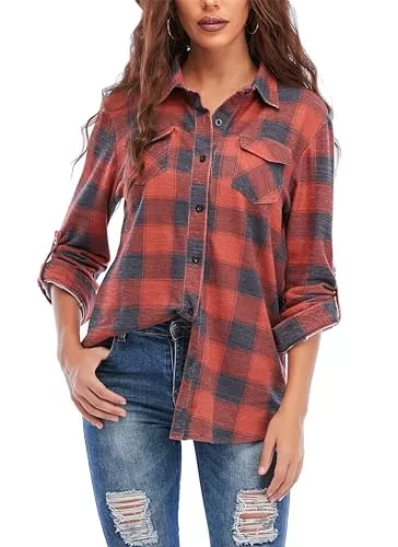 Timuspo Langarmblusen Timuspo Damen Kariertes Hemdbluse Knopfleiste Langarm Oktoberfest Bluse Karo Tunika Casual V-Ausschnitt Oberteile Flanellhemd Tops