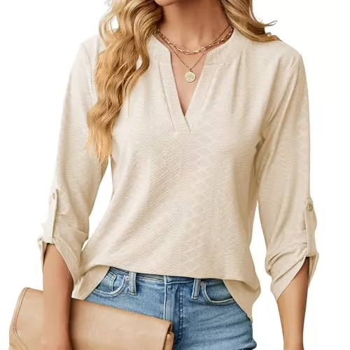 HANERDUN Langarmblusen HANERDUN Bluse Damen Langarm V Ausschnitt 3/4 Ärmel Longshirt Oberteile Einfarbig Lässig Frühling Sommer und Herbst Alltagskleidung Bürokleidung