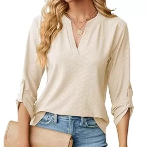 HANERDUN Langarmblusen HANERDUN Bluse Damen Langarm V Ausschnitt 3/4 Ärmel Longshirt Oberteile Einfarbig Lässig Frühling Sommer und Herbst Alltagskleidung Bürokleidung