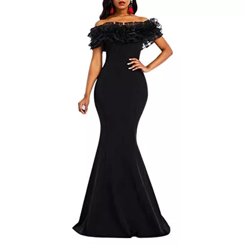 VERWIN Cocktail VERWIN Bodenlanger Halbarm-Druck ohne Schulter Farbblock Damen-Maxikleid Bodycon-Kleid