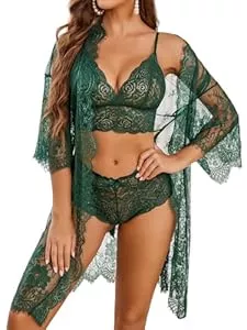 Avidlove Unterwäsche & Dessous Avidlove Damen Sexy Dessous Set Spitze 3-Teilig Negilgee Unterwäsche Netz-Nachthemd Dünn Kimono Mesh Lingerie Sets Mit BH und Höschen