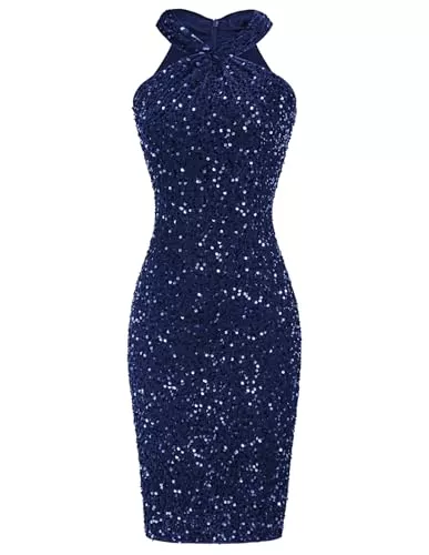 GRACE KARIN Cocktail GRACE KARIN Damen Pailletten Kleid Knielang Neckholder Cocktailkleid Bodycon Partykleid Samtkleid