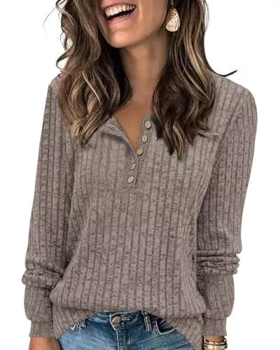 Tanmolo Langarmblusen Tanmolo Damen Leichte Strickpullover Langarm Henley Shirt Herbst lässig Rundhals-Knöpfe Elegant Sweatshirt Tunika Tops