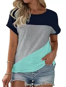 Fisoew T-Shirts Fisoew Damen T-Shirt Rundhals Farbblock Kurzarm Shirt Casual Oberteil Sommer locker Tops