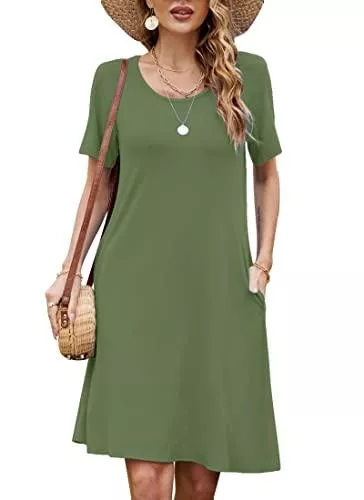 Bequemer Laden Freizeit Bequemer Laden Sommerkleid Damen Casual Lose Kurzarm T-Shirt Kleid Knielang Freizeitkleid Tunika Einfarbig/Blumen Elegant Swing Kleider mit Taschen