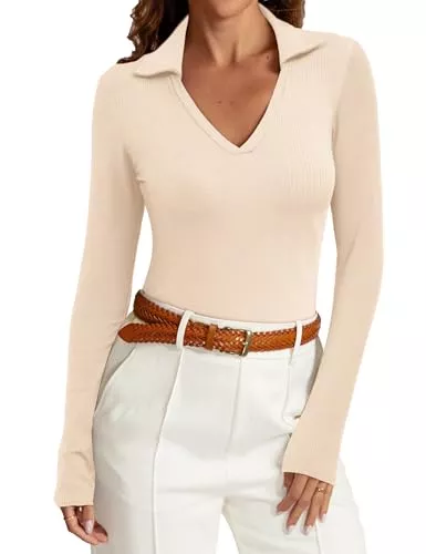 Amoretu Langarmblusen Amoretu Langarmshirt Damen Polo V Ausschnitt Gerippt Enge Tshirt Lässig Oberteile Top