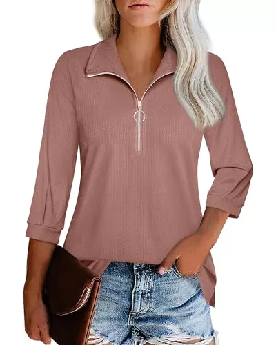 Datuhao Langarmblusen Datuhao Damen Bluse 3/4 Arm Elegant Blusenshirt Business V-Ausschnitt Polo Shirt mit Helf Zip Kragen