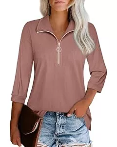 Datuhao Langarmblusen Datuhao Damen Bluse 3/4 Arm Elegant Blusenshirt Business V-Ausschnitt Polo Shirt mit Helf Zip Kragen