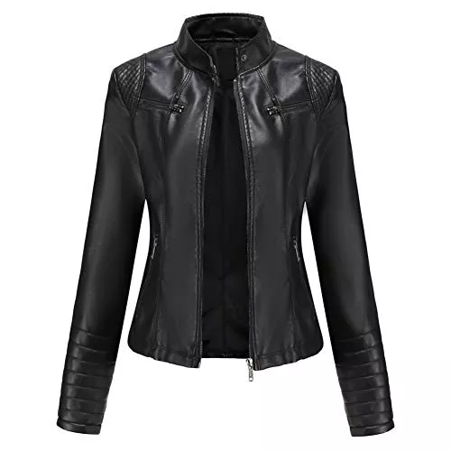 DISSA Jacken DISSA Damen Kunstleder Motorrad Jacke Lederjacke Schlank Reißverschluss Stehkragen Kurz Mantel,PN788