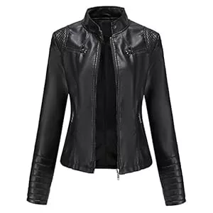 DISSA Jacken DISSA Damen Kunstleder Motorrad Jacke Lederjacke Schlank Reißverschluss Stehkragen Kurz Mantel,PN788