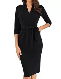 GRACE KARIN Freizeit GRACE KARIN Damen Cocktailkleid 3/4-Ärmel Elegantes Midi-Bodycon-Kleid V-Ausschnitt Slim Fit Bleistiftkleid mit Gürtel Hochzeitsgästekleider Alltagskleid