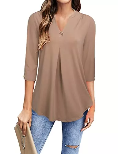 Gaharu Langarmblusen Gaharu Damen Bluse 3/4 Arm Elegant V-Ausschnitt Tunika Shirt Oberteil Flowy Locker Longshirt Tops
