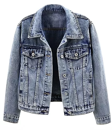 Kedera Jacken Kedera Damen Jeansjacke Knopfleiste Kragenlos Langarm gewaschene süße Jeansjacken