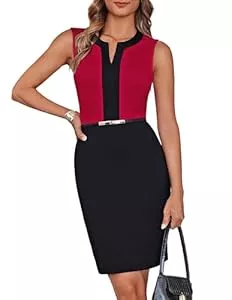 GRACE KARIN Cocktail GRACE KARIN Damen Henley V-Ausschnitt Bodycon Kleid Ärmellos Kontrastfarbe Midikleid mit Gürtel Formelle Businesskleider 2025