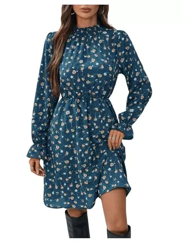 SweatyRocks Freizeit SweatyRocks Damen Kleid Langarm Blusenkleid A-Linie Shortkleid Elegant Freizeitkleid Ausgestelltes Blumenkleid mit Rüschen Saum