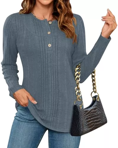 WNEEDU Pullover & Strickmode WNEEDU Pullover Damen Winter Elegant Langarm Pulli Herbst Lässige Leichtes Langarmshirt mit Knöpfen Locker Henley Shirt Tunika Tops Oberteile Damen