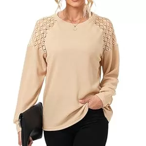 SYKT Langarmblusen SYKT Damen Rundhals Langarm Einfarbig Waffelstrick Spitze Patchwork T-Shirt Elegante Oberteile Bluse Casual Pullover Basic Tops