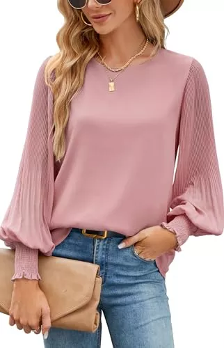 Odosalii Langarmblusen Odosalii Damen Bluse Chiffon Plissee Laternenärmel Langarm Elegant Rundhalls Oberteile Locker Doppelschicht Tunika Tops