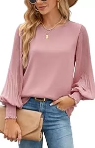 Odosalii Langarmblusen Odosalii Damen Bluse Chiffon Plissee Laternenärmel Langarm Elegant Rundhalls Oberteile Locker Doppelschicht Tunika Tops