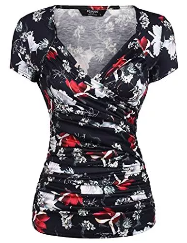 Zeagoo Kurzarmblusen Zeagoo Damen Sommer Sexy T-Shirt V-Ausschnitt Kurzarm Tunika Shirt mit Falten Blusen Oberteile