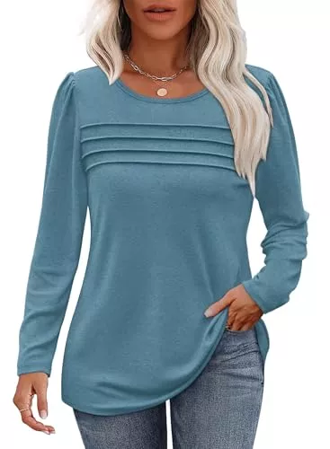 Cuptacc Langarmshirts Cuptacc Langarmshirt Damen Rundhals Locker Oberteile Damen Tshirt Falten Puffärmel Mit Knöpfen Longshirt Damen Langarm