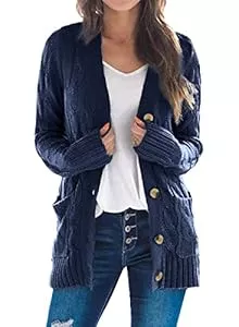 Maavoki Strickjacken Maavoki Strickjacke Damen lang Elegant Open Front Grobstrick Strick Cardigan Langarm Strickjacken mit knöpfe und Taschen