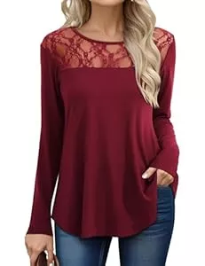 Beluring Langarmblusen Beluring Shirts Damen Sexy Langarm Spitze Tunika Bluse Rundhals Einfarbig Herbst T-Shirts