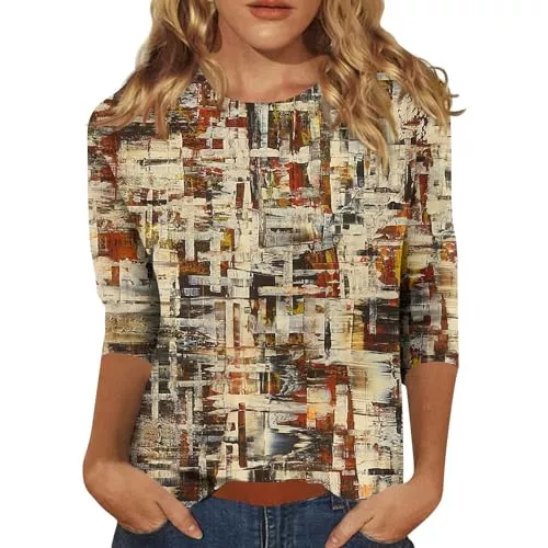 SCBFDI Langarmblusen Shirt 3/4 Arm Damen Große Größen, Longshirt Damen Sommer Bluse Woman Festival Modischeen Party Übergrößen 3/4 Ärmel Dünn Bedrucken Top
