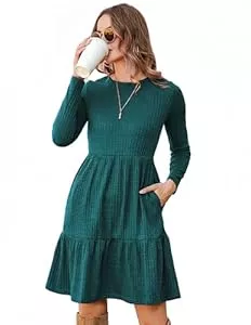 Zeagoo Freizeit Zeagoo Damen Kleid Dünn Langarm Rundhals Strickkleid mit Taschen Elegant Knielang Kleider Casual Bequem Herbstkleid Frühling S-XXL