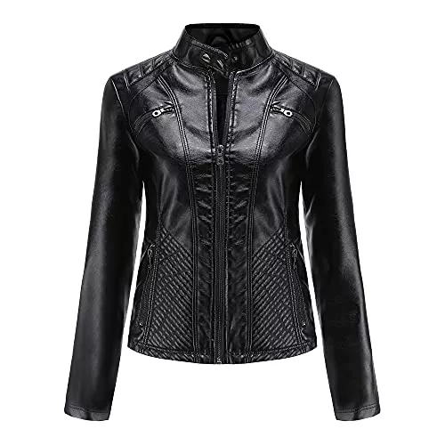 Valin Jacken Valin Damen Lederjacke Schlank Kurz Kunstleder Stehkragen Jacket Reißverschluss Motorrad Jacke für Frühling und Herbst,C03N