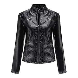 Valin Jacken Valin Damen Lederjacke Schlank Kurz Kunstleder Stehkragen Jacket Reißverschluss Motorrad Jacke für Frühling und Herbst,C03N