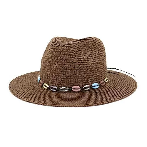 Bin Zhang Hüte & Mützen Bin Zhang Stroh Sommer Sonnenhut Frauen Männer Fedoras Hut Bunte Schale Retro Mode Strand Hut Party Lady Panama Strohhut (Farbe : Kaffee, Größe : 56-58CM)