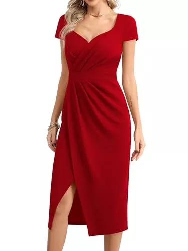Missufe Cocktail Missufe Damen Cocktailkleid Partykleid Elegant Abendkleid Hochzeitsgast Wickelkleid Midikleid Schlitz Bodycon Kurzarm Schatz Kleider