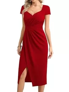 Missufe Cocktail Missufe Damen Cocktailkleid Partykleid Elegant Abendkleid Hochzeitsgast Wickelkleid Midikleid Schlitz Bodycon Kurzarm Schatz Kleider