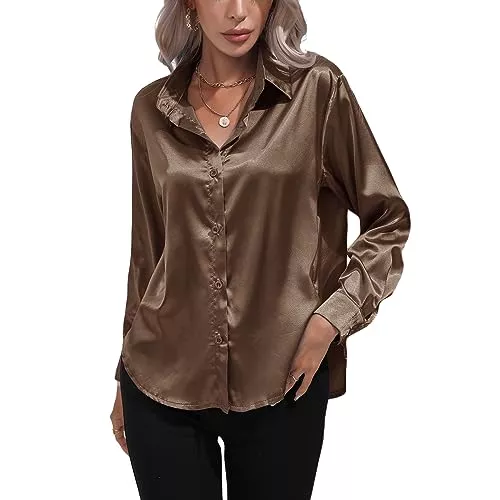 Kuukaas Langarmblusen Kuukaas Satin Bluse Damen Elegant Langarmhemd Damen mit Knöpfen Oberteil Tops Einfarbig